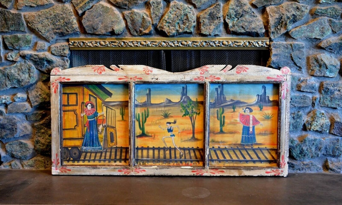 VINTAGE RETABLO - THREE PANEL PAINTING - DAY OF THE DEAD - MEXICO FOLK ART (1 of 1)