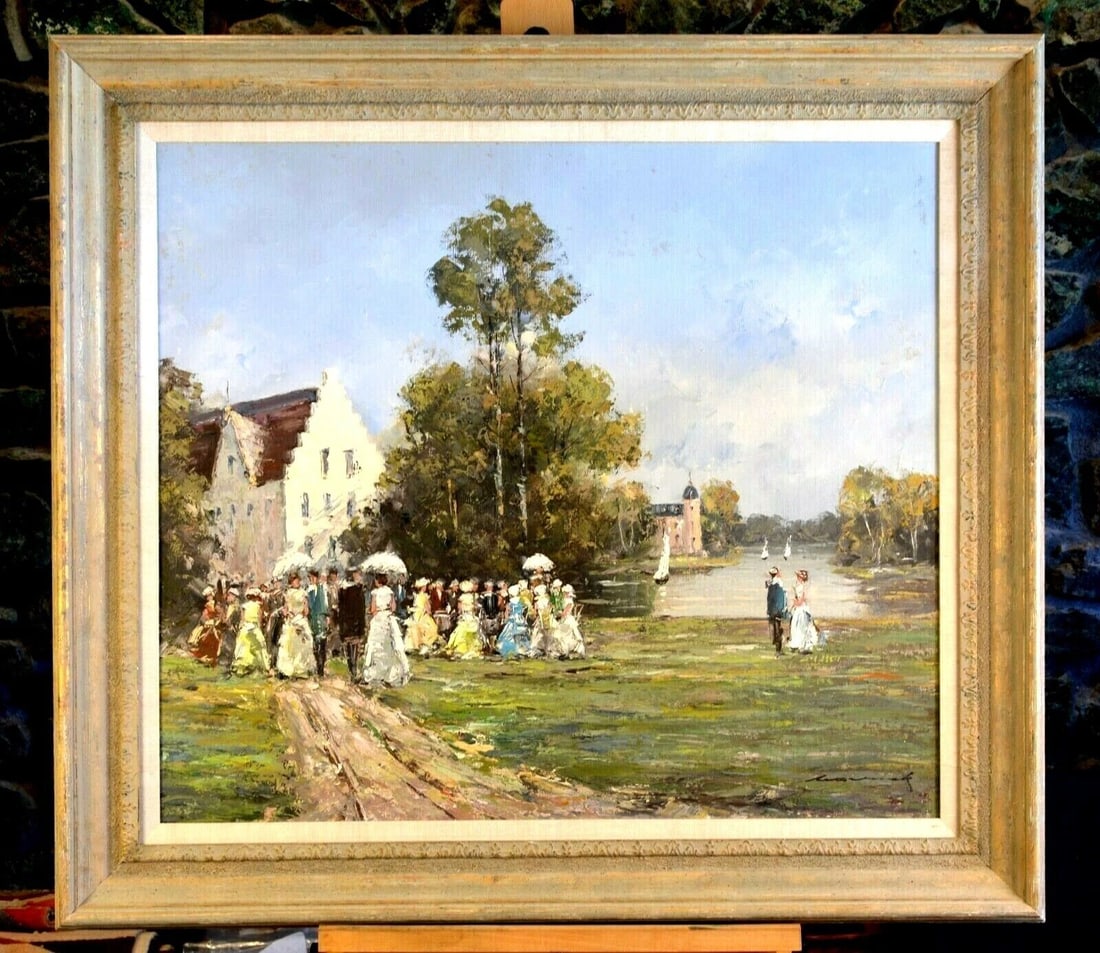 LG VTG LANDSCAPE OIL PAINTING- SUMMER LAKE PARTY - FRANZ MARTINEK (1 of 2)