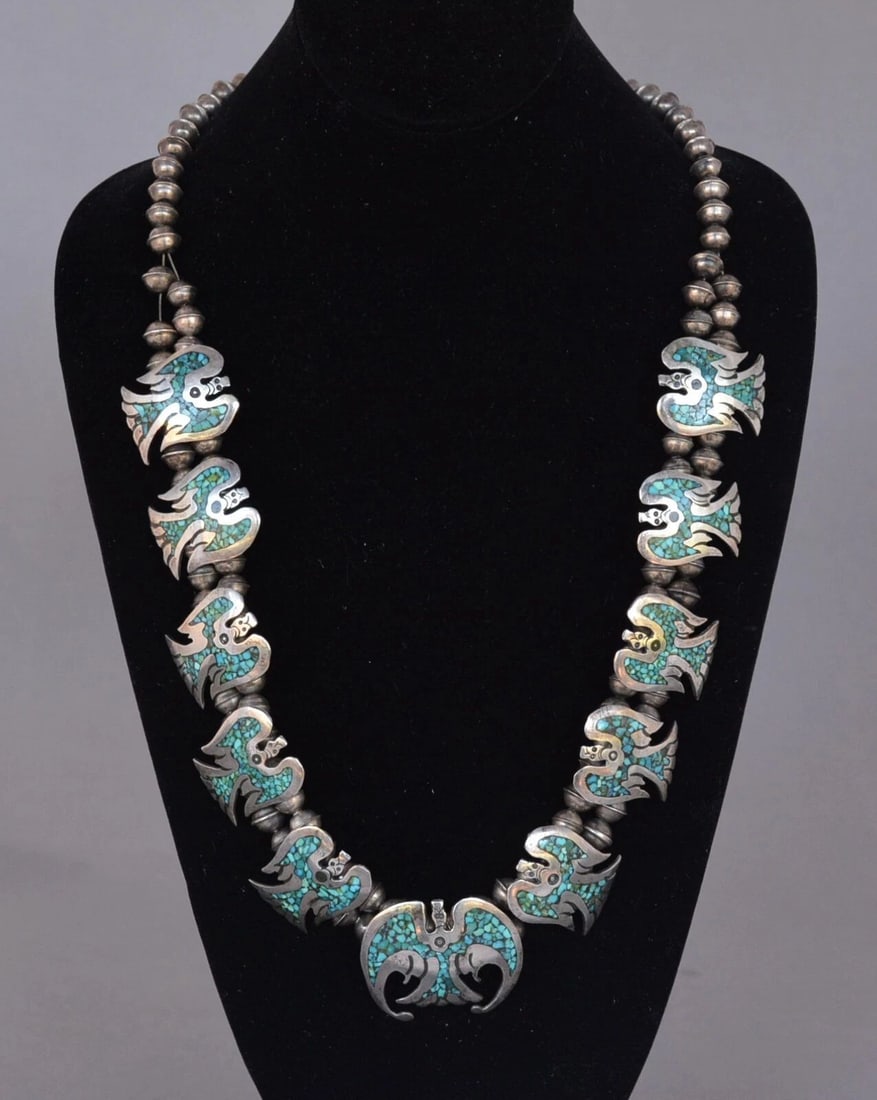 RARE VTG NAVAJO SILVER NECKLACE - 11 TURQUOISE CORAL WATER PHOENIX BIRDS - 27.5" (1 of 1)