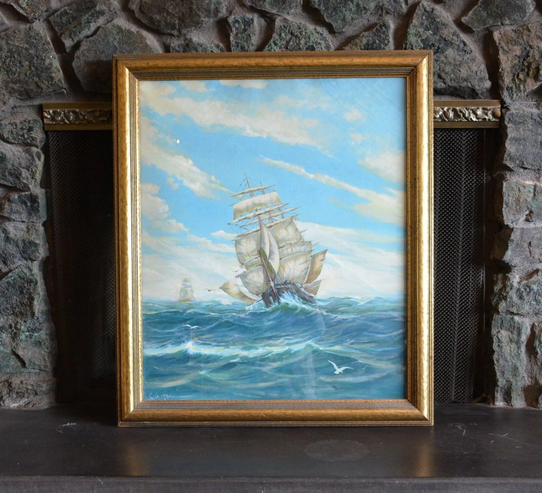 LARGE OIL PAINTING - 1800S CLIPPER SHIP - ROUGH SEAS - BLUE SKY - C. G. 1940 (1 of 2)