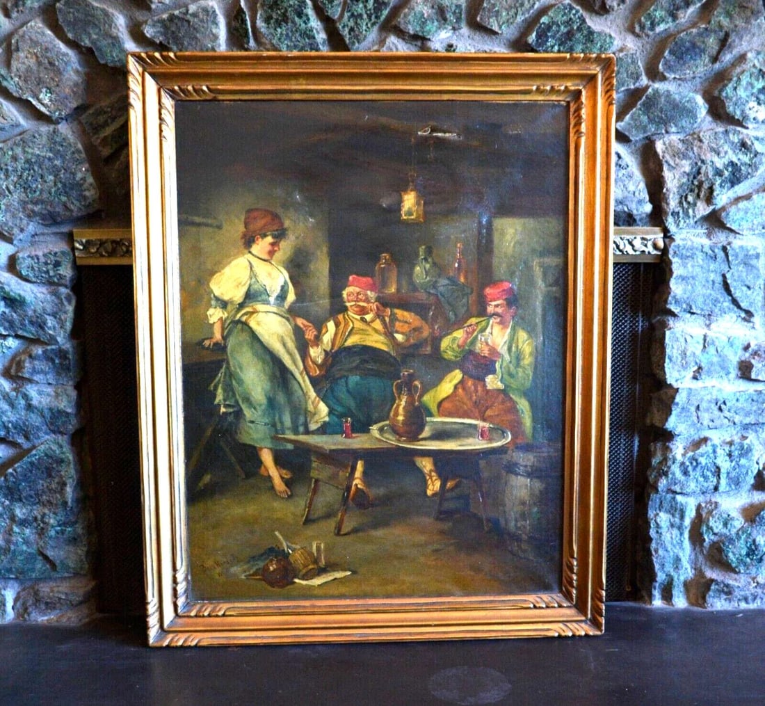 ANTIQUE OIL PAINTING - HUNGARY TURKS SMOKING DRINKING W. BAR MAID - LATE 1800S: ANTIQUE OIL PAINTING - HUNGARY TURKS SMOKING DRINKING W. BAR MAID - LATE 1800S Item Description: This large antique oil painting catches your interest quickly, telling a story of another time when Tur