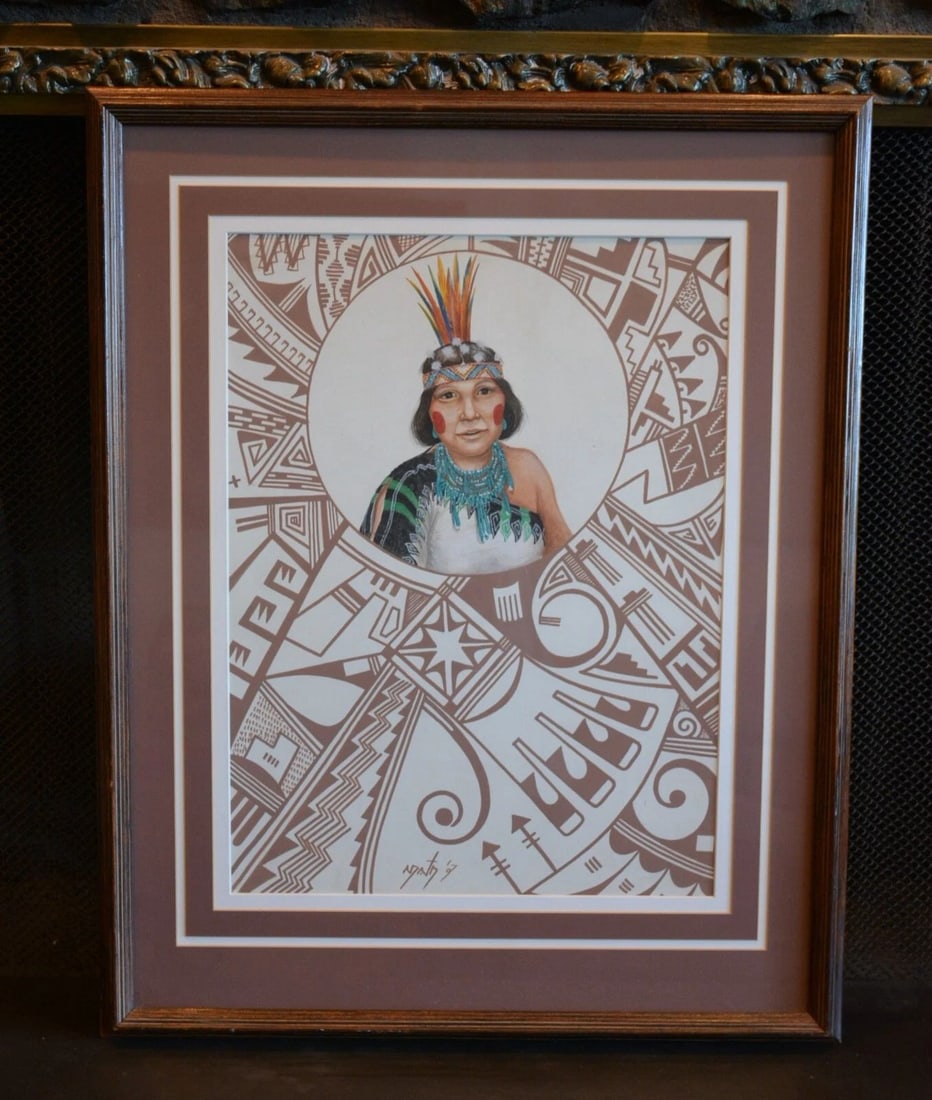 NEIL DAVID SR. - HOPI PAINTING - PORTRAIT OF WOMAN - TRADITIONAL HOPI SYMBOLS: NEIL DAVID SR. - HOPI PAINTING - PORTRAIT OF WOMAN - TRADITIONAL HOPI SYMBOLS This original painting was done by Hopi artist Neil David Sr. (1944-) It is a portrait of a Hopi woman surrounded with tra