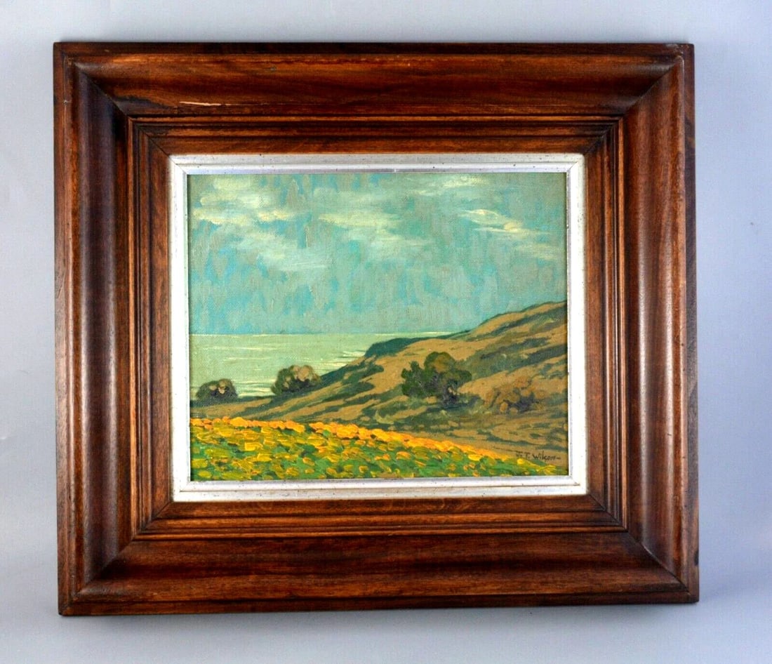 J. T. WILSON - VINTAGE OIL PAINTING - CALIFORNIA POPPIES COASTAL LANDSCAPE (1 of 1)