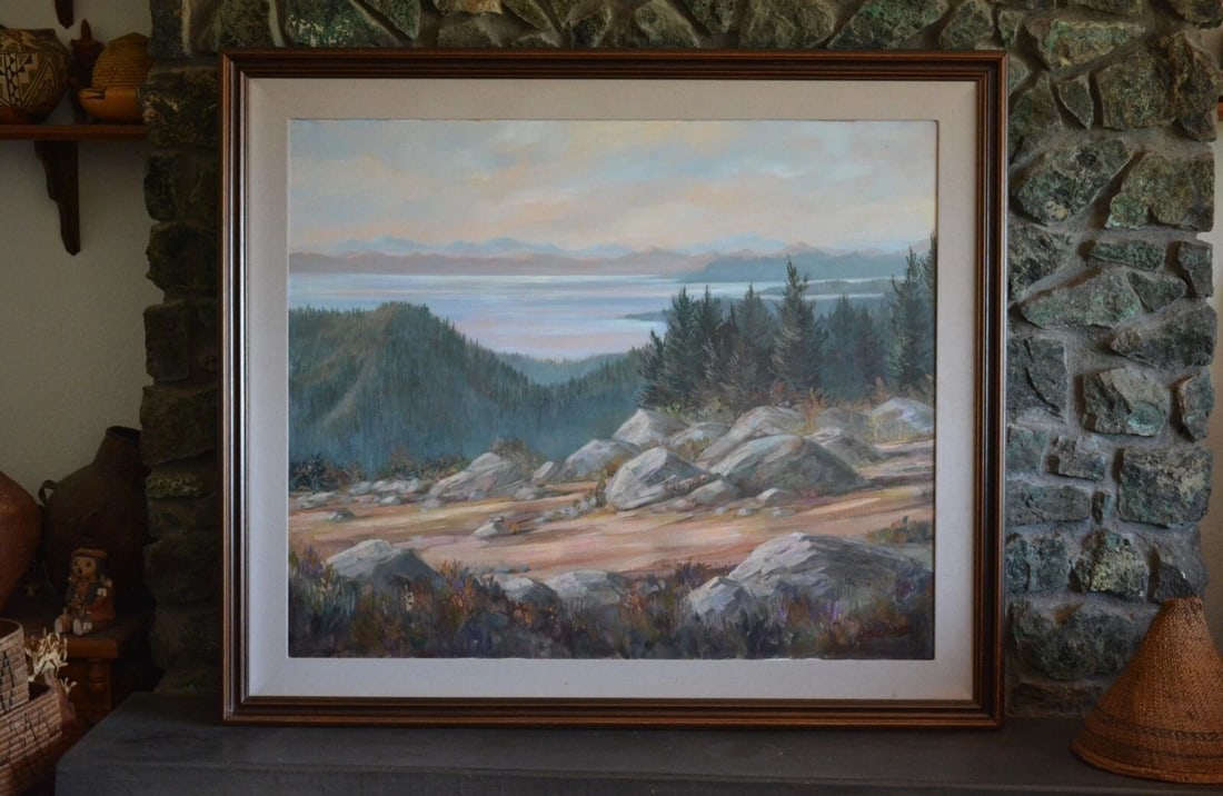 LARGE ORIGINAL OIL PAINTING - MOUNTAIN LAKE TAHOE LANDSCAPE - MARILYN ERICKSON (1 of 2)
