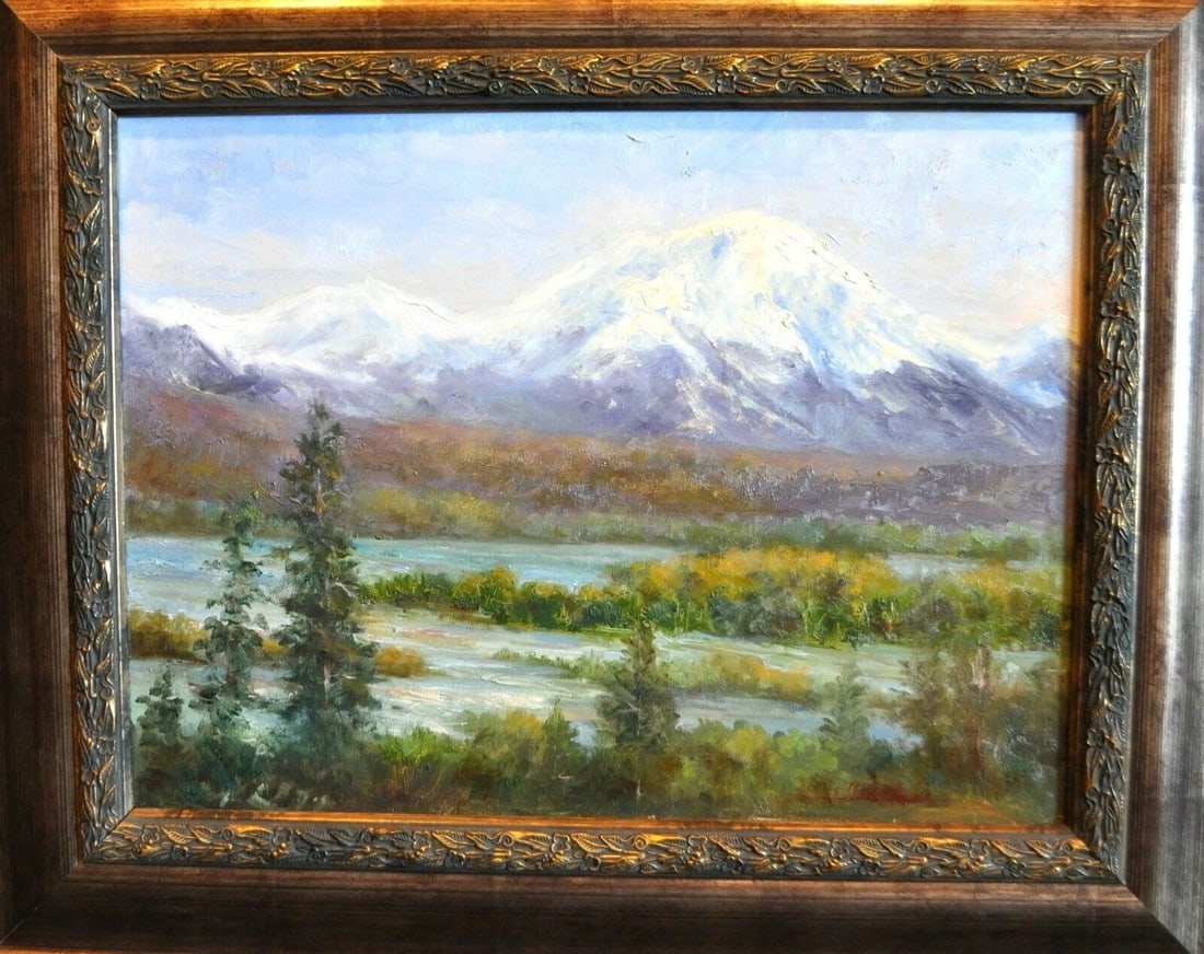 ALASKA LANDSCAPE OIL PAINTING - MOUNTAINS BRAIDED RIVERS DENALI - JANET LOVELESS: ALASKA LANDSCAPE OIL PAINTING - MOUNTAINS BRAIDED RIVERS DENALI - JANET LOVELESS Item Description: This impressionist oil painting was done by Oklahoma artist Janet Loveless. It shows a snow capped mo