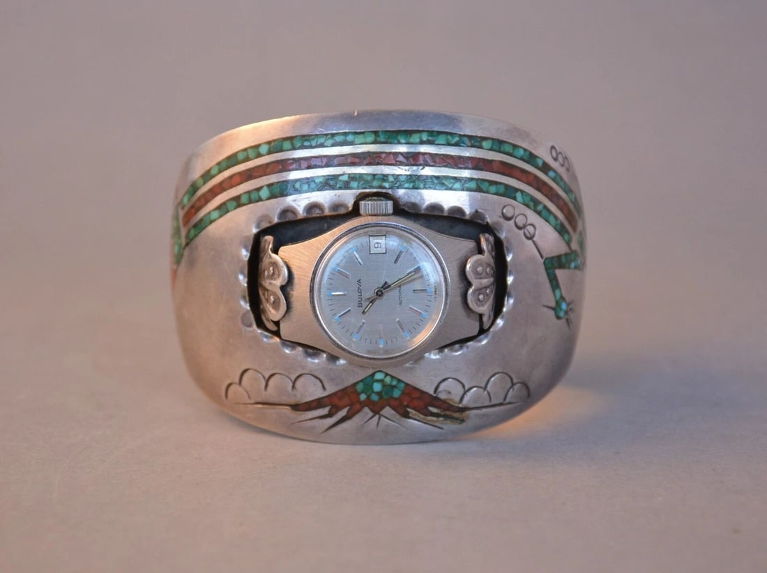 CHARLIE JOHN - VINTAGE NAVAJO WATCH BRACELET CUFF RAINBOW YEI BULOVA WATCH AUTO (1 of 1)