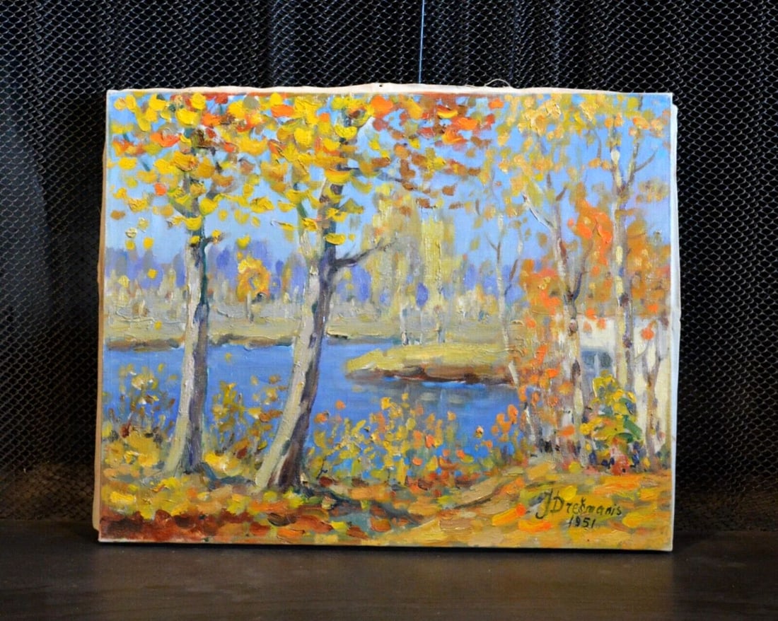JEKABS DRESMANIS (1889-1956) - LATVIA LANDSCAPE IN AUTUMN - TREES LAKE - 1951: JEKABS DRESMANIS (1889-1956) - LATVIA LANDSCAPE IN AUTUMN - TREES LAKE - 1951 This vibrant autumn landscape was done by Latvian artist Jekabs Dresmanis in 1951. It measures 16" x 20". It is signed in 