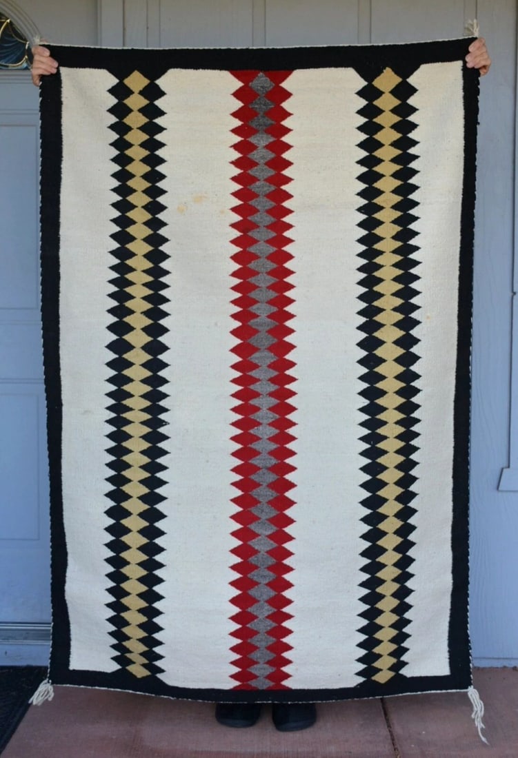 OLD NAVAJO RUG - RED BLACK TAN GREY VERTICAL BANDS ON WHITE GROUND - 62 X 42.5 (1 of 1)