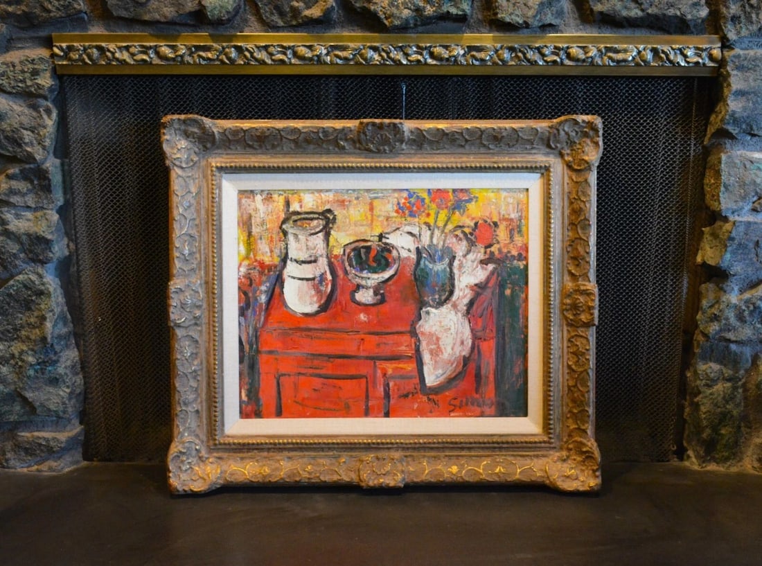 GARY SIMON - STILL LIFE IMPRESSIONIST PAINTING VASES ON RED TABLE, SOFT YELLOWS (1 of 2)