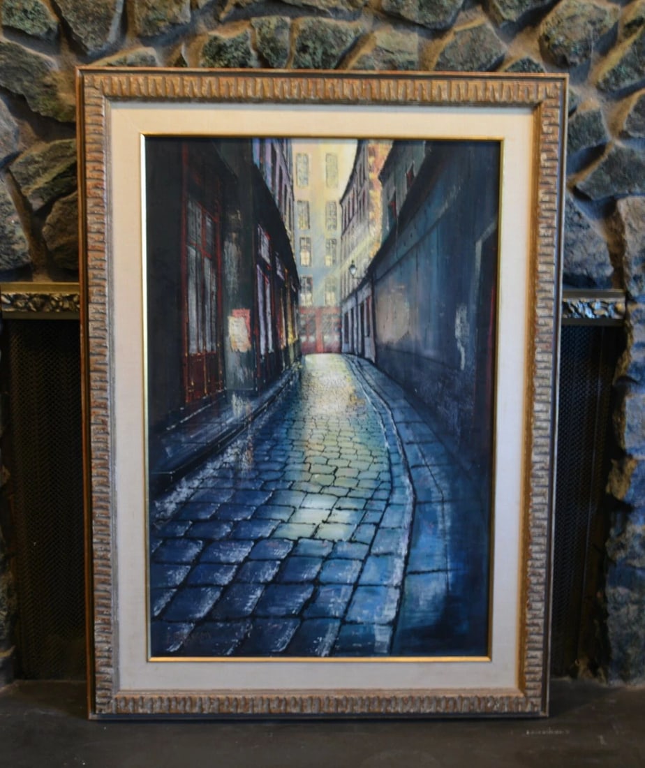 IMPRESSIONIST OIL PAINTING - EUROPE COBBLESTONE ALLEY AT NIGHT - FRANCOIS: IMPRESSIONIST OIL PAINTING - EUROPE COBBLESTONE ALLEY AT NIGHT - FRANCOIS Item Description: This vintage oil painting shows an cobblestone alleyway at night. It is oil on canvas and measures 36" tall 