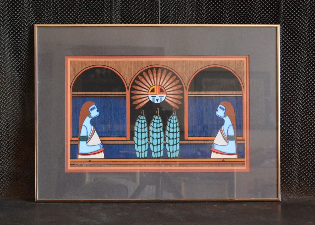 DAVID DAWANGYUMPTEWA (1957-) HOPI TEWA PAINTING CORN MAIDENS - SUN FACE - FRAMED (1 of 2)
