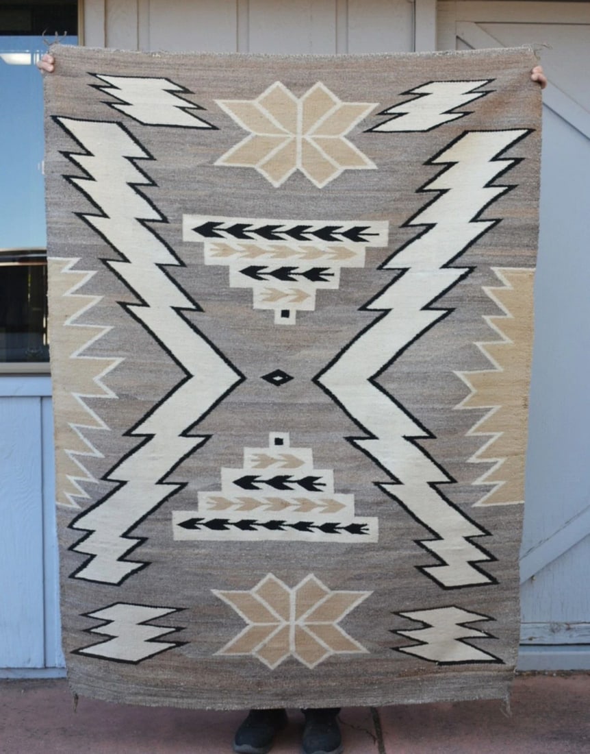 EARLY TWO GREY HILLS LIGHTNING STORM PATTERN NAVAJO RUG - HANDSPUN - 65" X 49" (1 of 1)