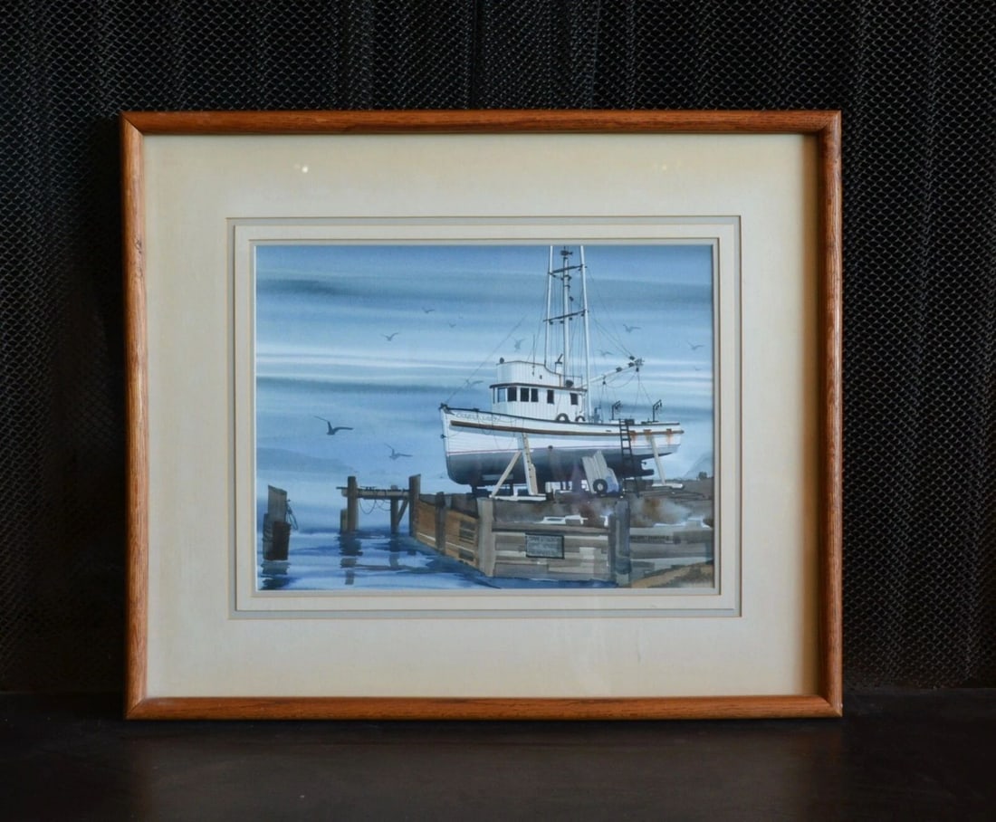GLENN SCOTT KUHNLY - WATERCOLOR PAINTING - BOAT UP FOR REPAIRS - SAN DIEGO CALIF (1 of 2)