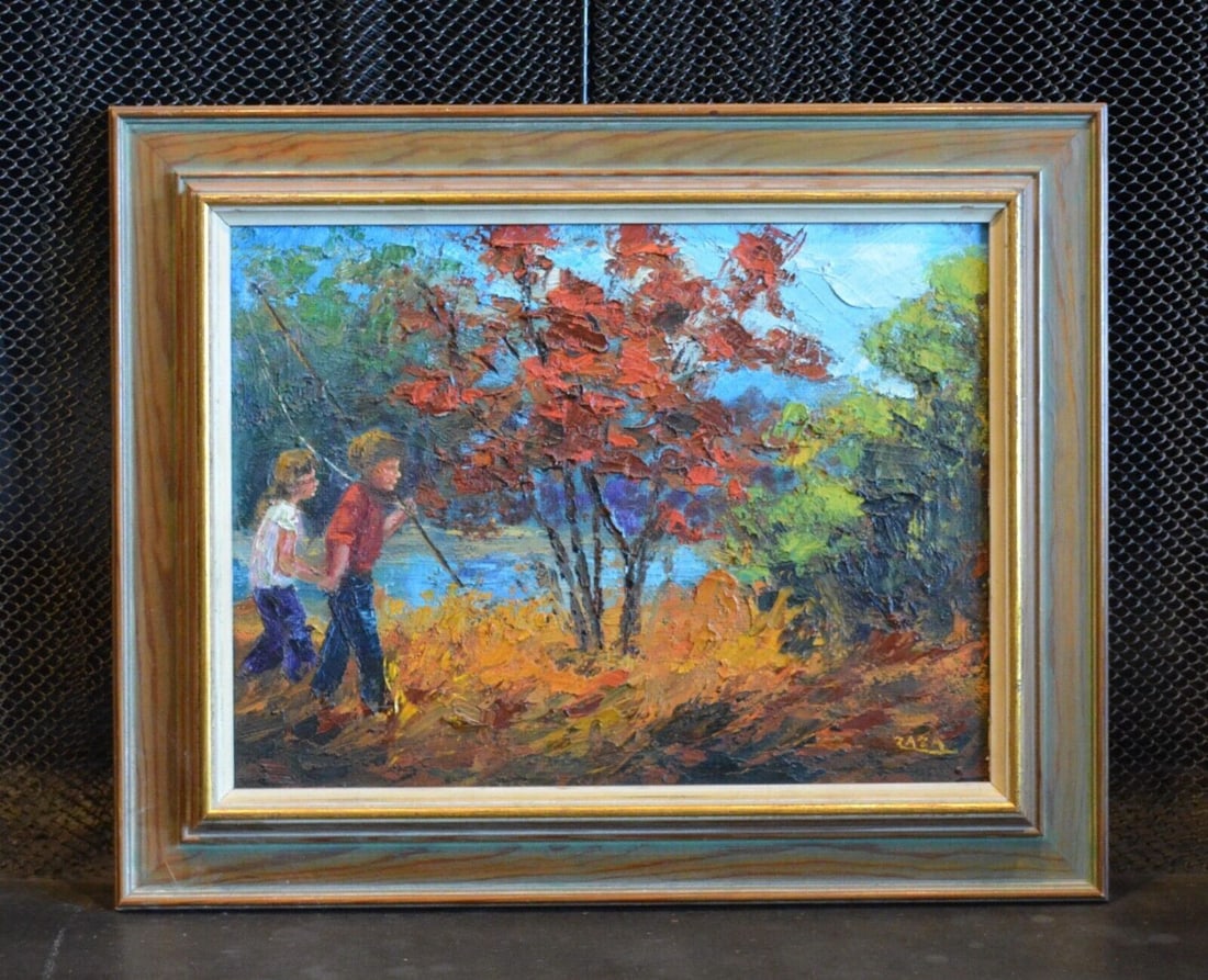 ZAZA MEULI (MILIEU) 1892- OIL PAINTING CHILDREN FISHING - CREEK WOODS IN AUTUMN (1 of 1)