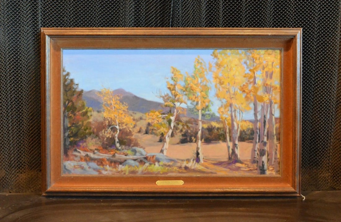 TOM WARD - OIL PAINTING - ASPENS IN AUTUMN - SAN FRANCISCO PEAKS FLAGSTAFF AZ: TOM WARD - OIL PAINTING - ASPENS IN AUTUMN - SAN FRANCISCO PEAKS FLAGSTAFF AZ This oil painting was done by Sedona, Arizona artist Tom Ward. It shows a few brilliant yellow Aspen trees at the edge of 