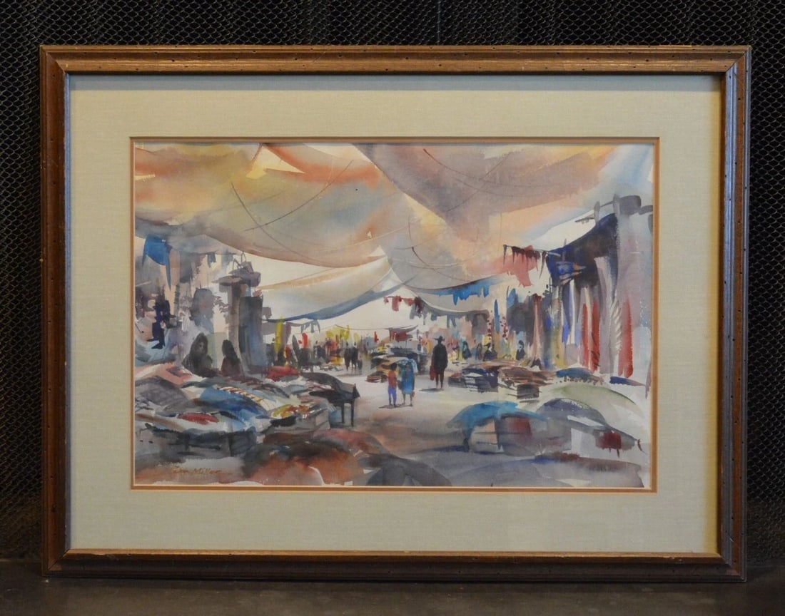 DONALD LLOYD MILLER 1923-1993 WATERCOLOR PAINTING - BUSY AFRICAN MARKET PLACE (1 of 2)