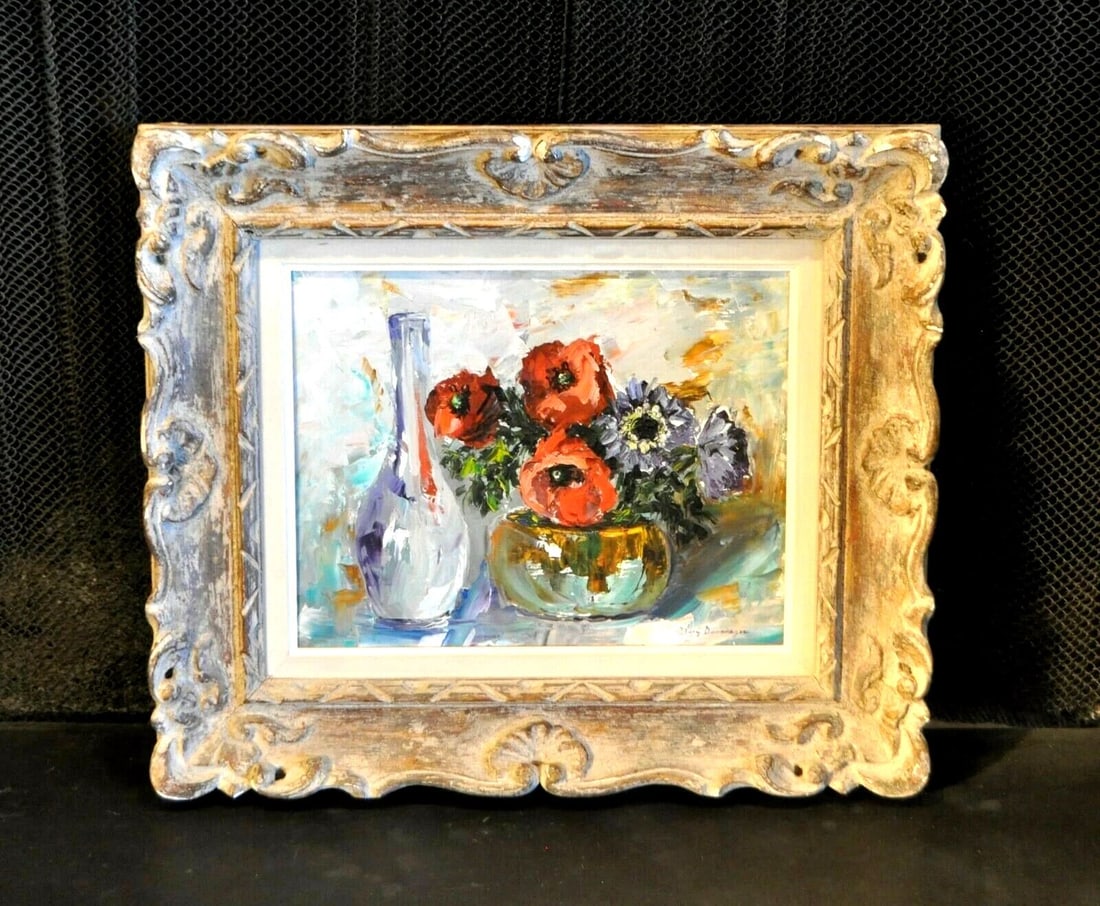 VINTAGE OIL PAINTING - RED & BLUE ANEMONES IN VASE - MARY DENNINGER (1 of 1)