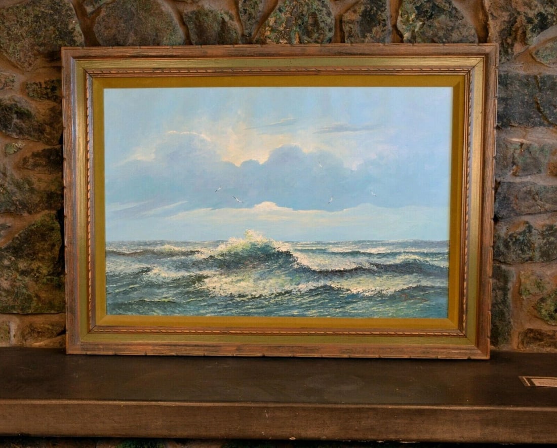 LARGE SEASCAPE OIL PAINTING - OCEAN WAVES SEAGULLS CLOUDS - M. DRESSEN (1911-) (1 of 1)