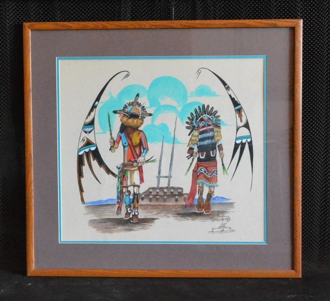 DANIEL NAMOKI - VINTAGE PAINTING 2 GUARD KACHINAS - EAGLE WINGS - KIVA - FRAMED: DANIEL NAMOKI - VINTAGE PAINTING 2 GUARD KACHINAS - EAGLE WINGS - KIVA - FRAMED This vintage Hopi painting shows 2 Hopi Guard kachinas with yucca whips near the opening to a kiva. Above are eagle wing