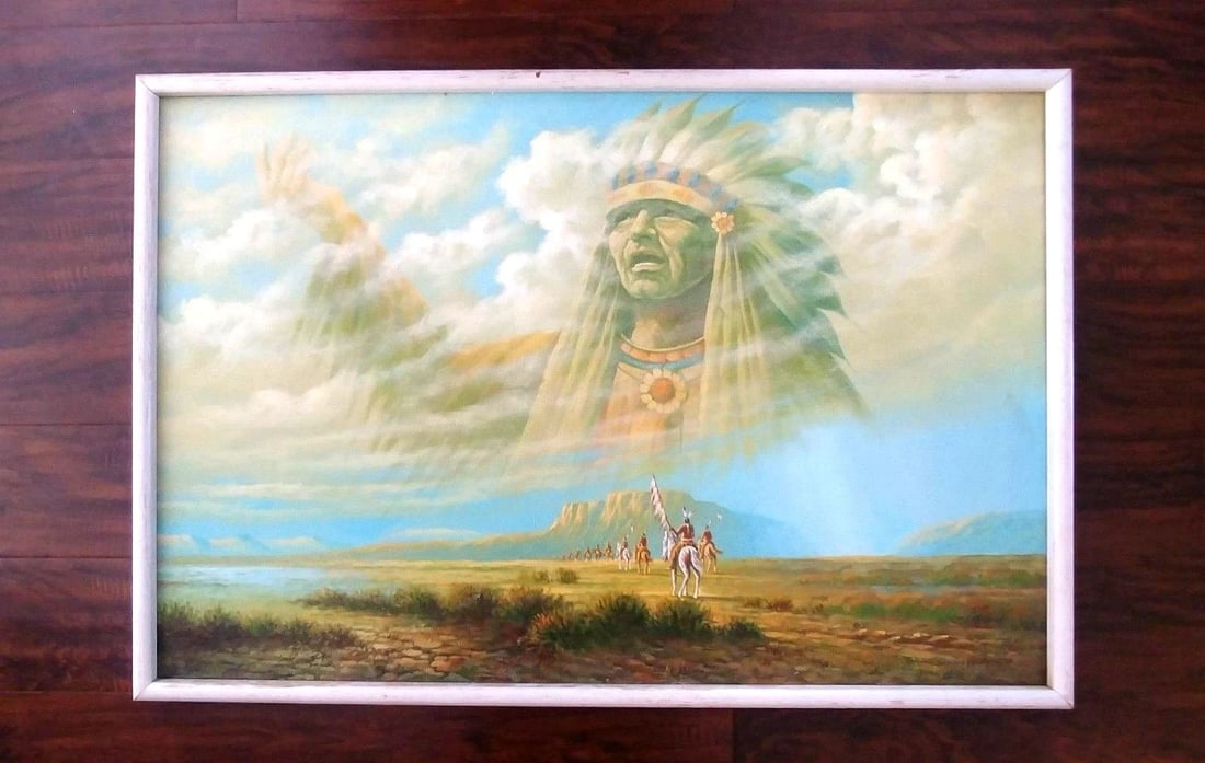LARGE VINTAGE PAINTING - PLAINS INDIANS HORSEBACK NATIVE CHIEF IN SPIRIT PRAYER (1 of 2)