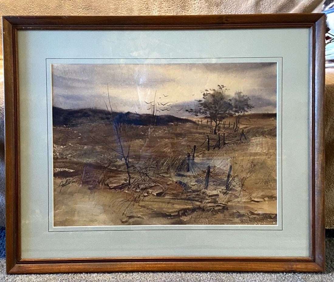 JAMES FALLIER - WATERCOLOR LANDSCAPE PAINTING - KANSAS PRAIRIE FIELDS - BIRDS (1 of 1)