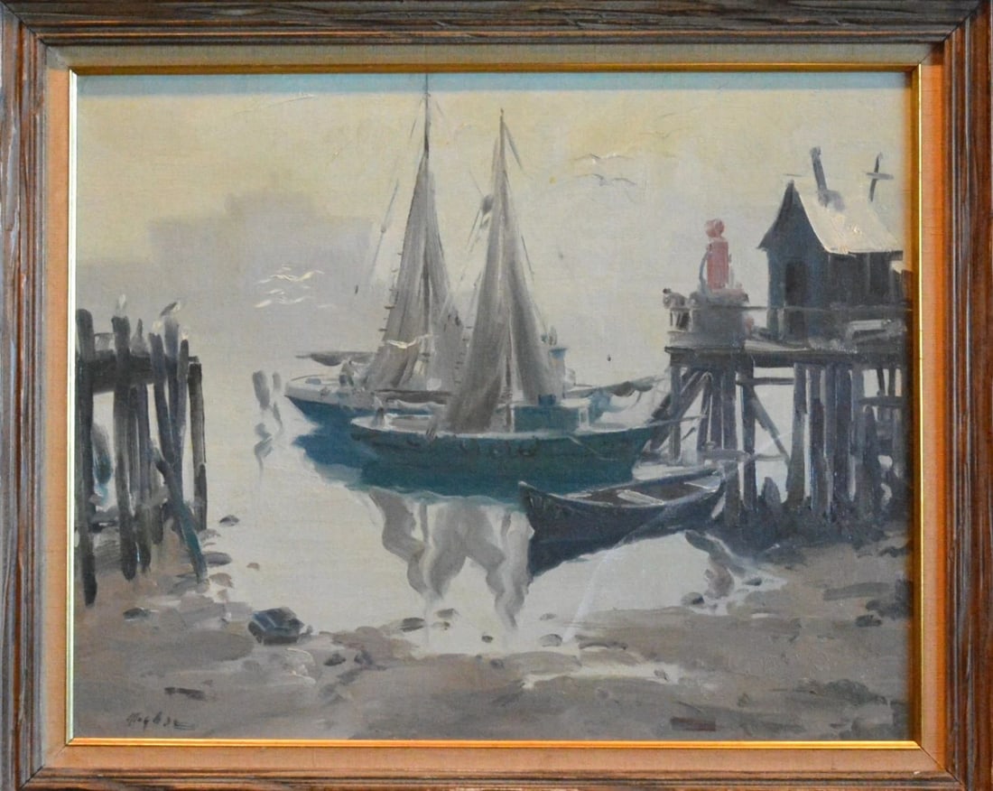 ANTIQUE OIL PAINTING - SHIPS AT DOCK - NEW ROCHELLE NEW YORK - FRAMED - SIGNED (1 of 2)