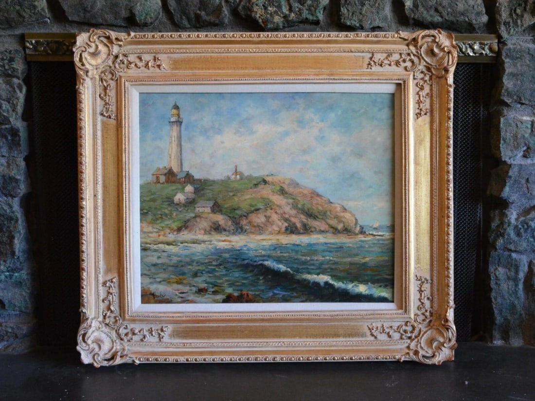 VINTAGE OIL PAINTING - SEASCAPE - LIGHTHOUSE ON ROCKY PROMONTORY - FRAMED SIGNED (1 of 2)
