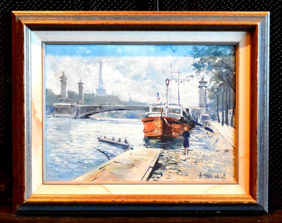 VTG PAINTING MIDCENTURY PARIS - BOATS ON SEINE- PONT ALEXANDER BRIDGE - EIFFEL: VTG PAINTING MIDCENTURY PARIS - BOATS ON SEINE- PONT ALEXANDER BRIDGE - EIFFEL This vintage midcentury oil painting shows a scene along the Seine in Paris France. Just beyond the boats is the historic