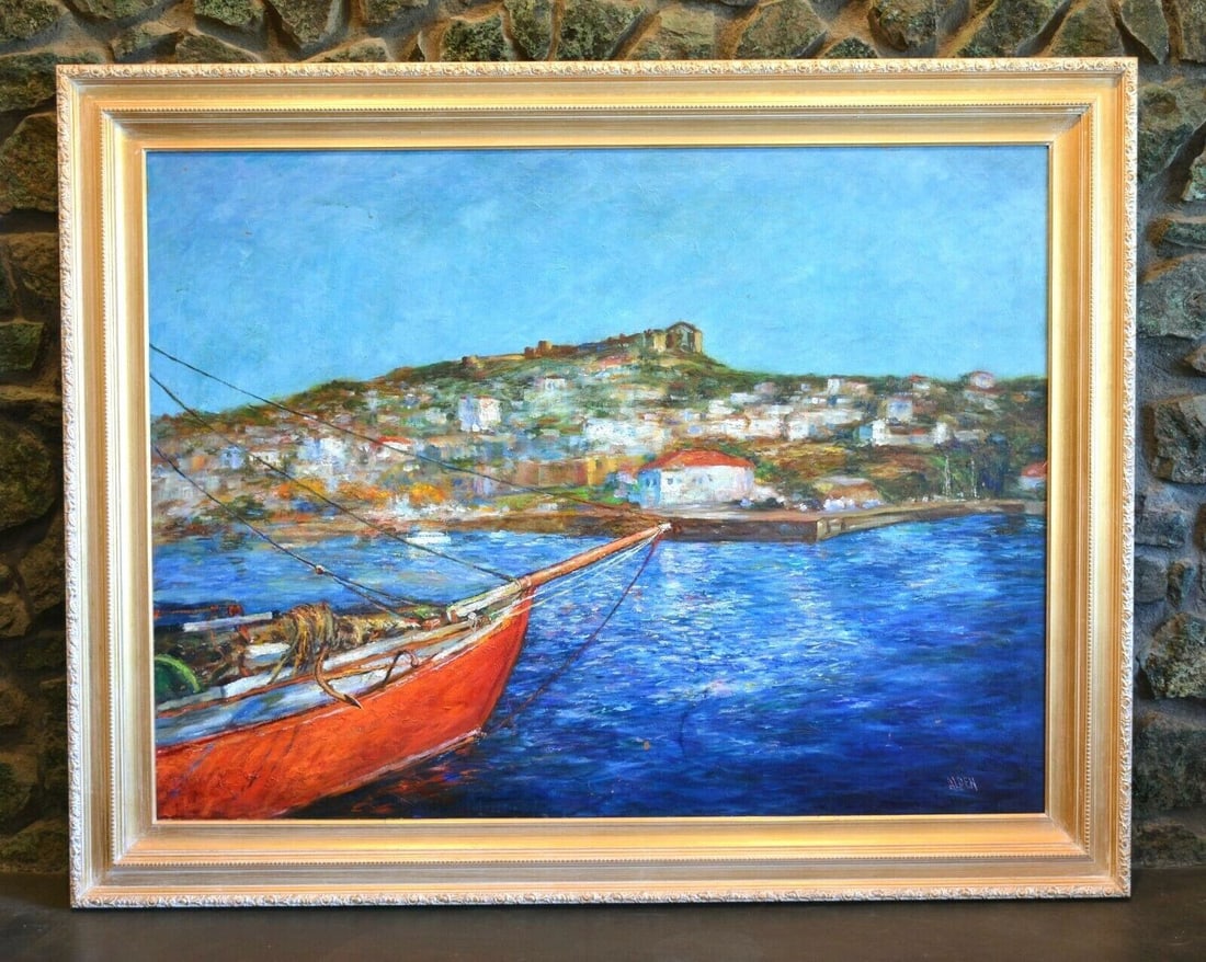 LARGE VIBRANT PAINTING - GREEK ISLAND VILLAGE ON HILL SEASCAPE SAILBOAT - ALDEN (1 of 2)