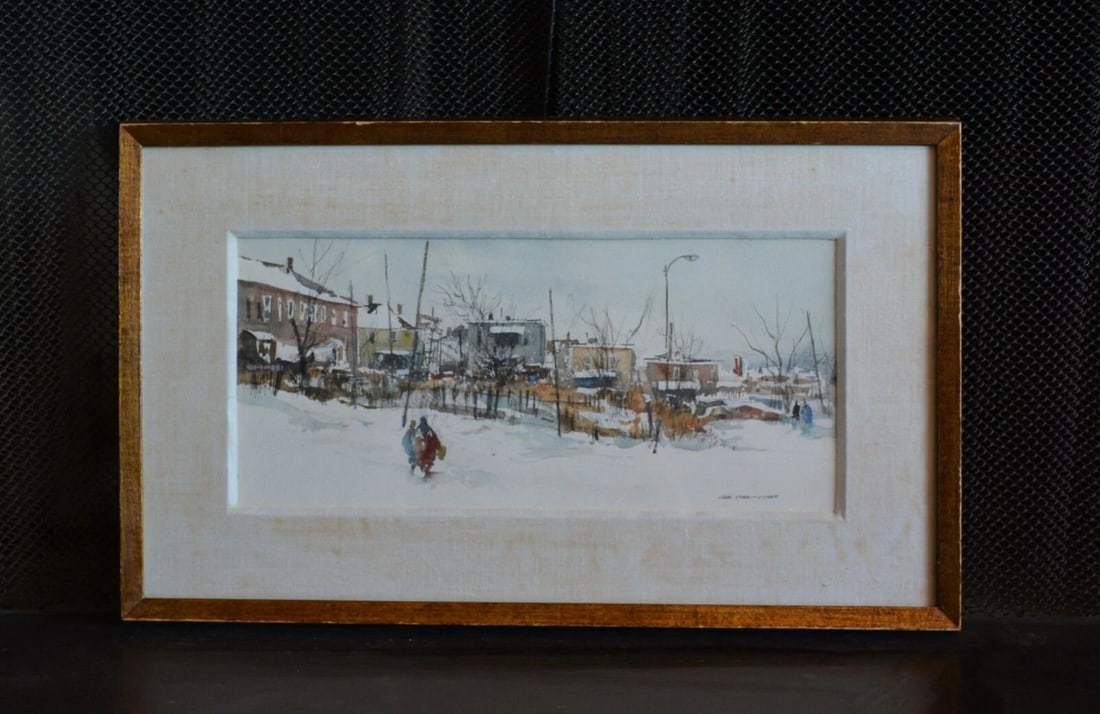 JACK FLYNN 1927- WATERCOLOR PAINTING MASSACHUSETTS CITYSCAPE IN SNOW AWS MEMBER (1 of 1)
