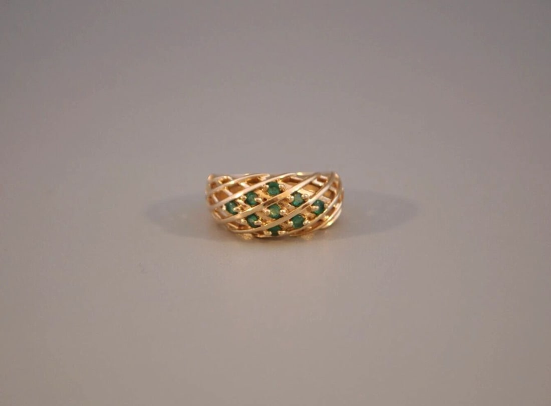 VINTAGE 14K SOLID GOLD NATURAL EMERALD RING - LATTICE CRISS CROSS THICK BAND (1 of 2)