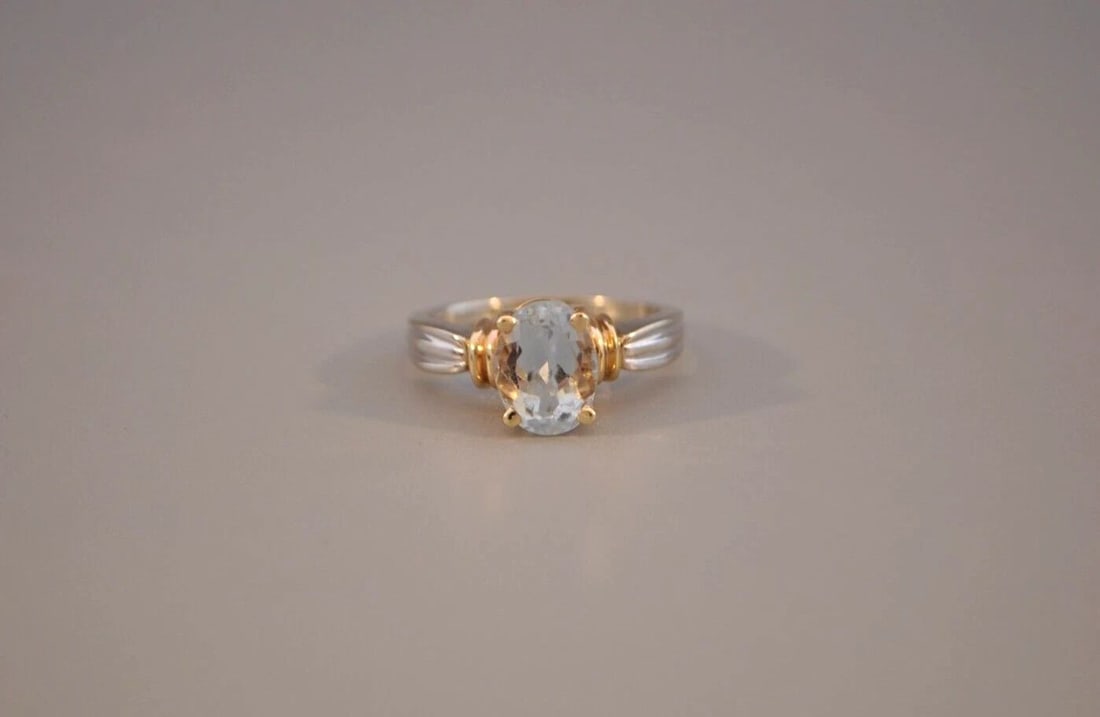14K SOLID GOLD NATURAL LIGHT BLUE TOPAZ RING - GEMSTONE SOLITAIRE TWO TONE 7.75 (1 of 1)