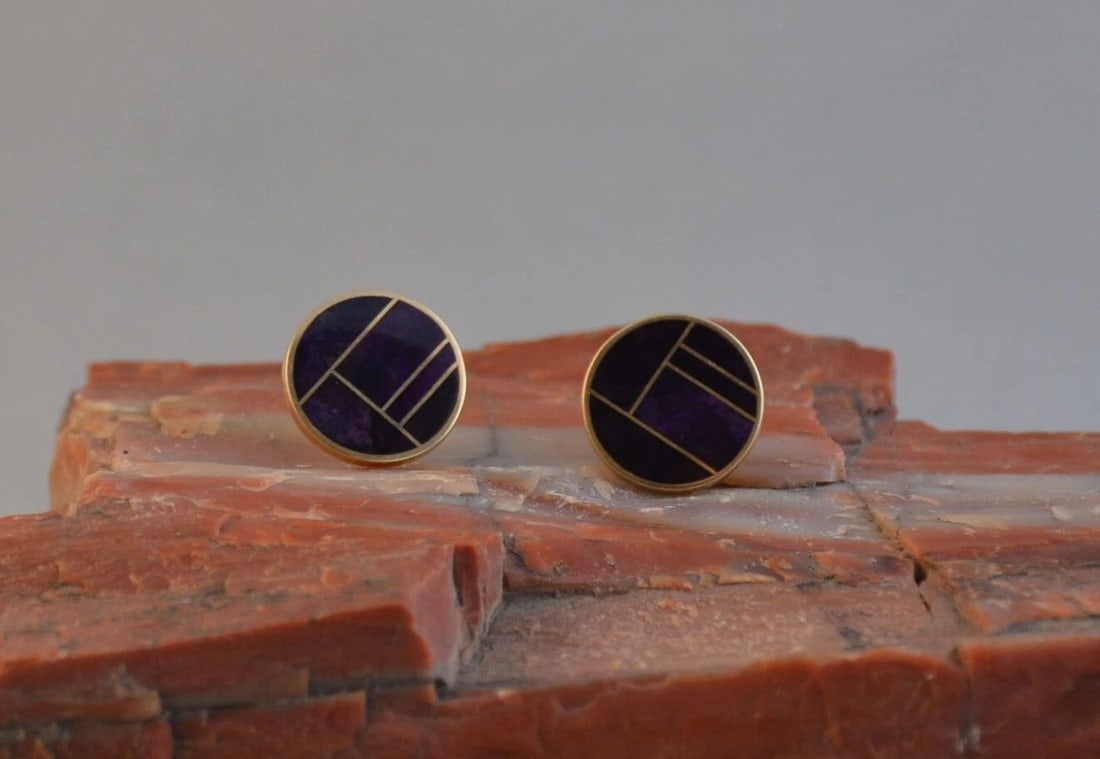 VTG KABANA DESIGNER 14 KARAT YELLOW GOLD DARK BLUE INLAY EARRINGS .5" CIRCLES (1 of 2)
