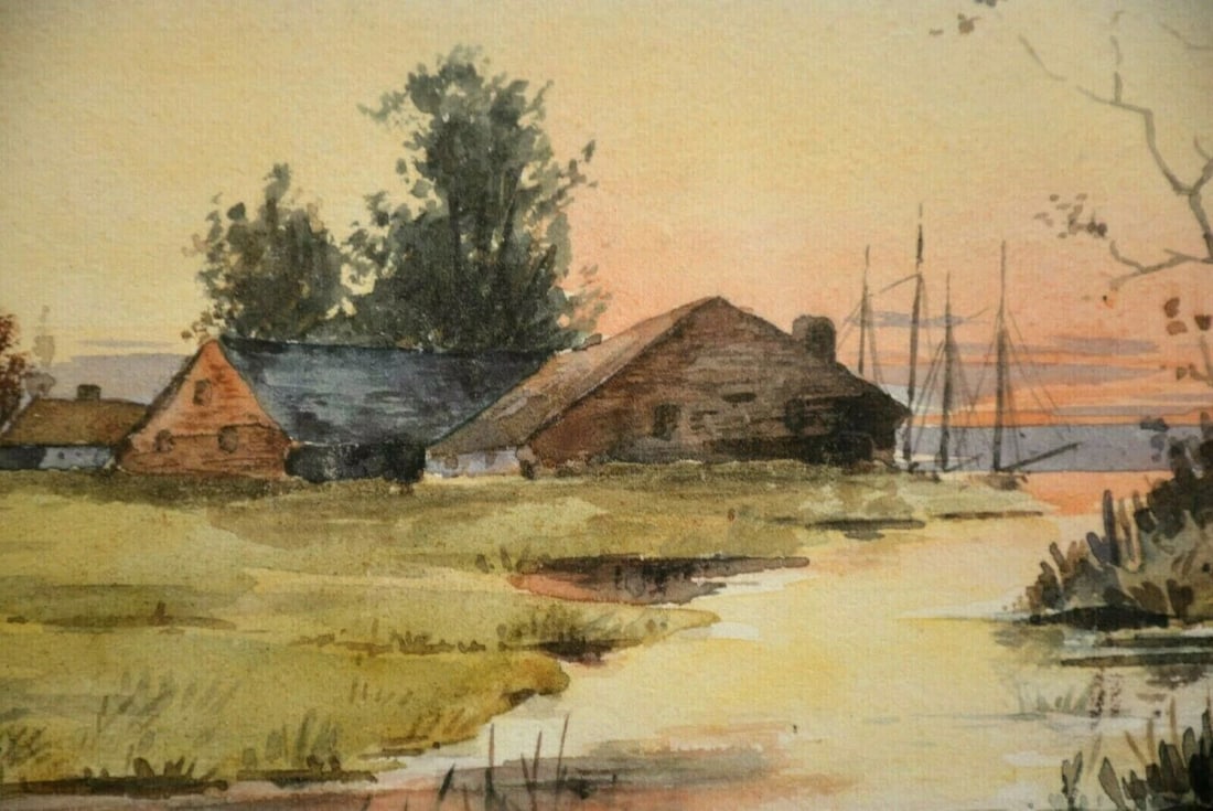 W.C. EISEN 1890'S ANTIQUE WATERCOLOR PAINTING - COASTAL VILLAGE & SAILING SHIP (1 of 2)