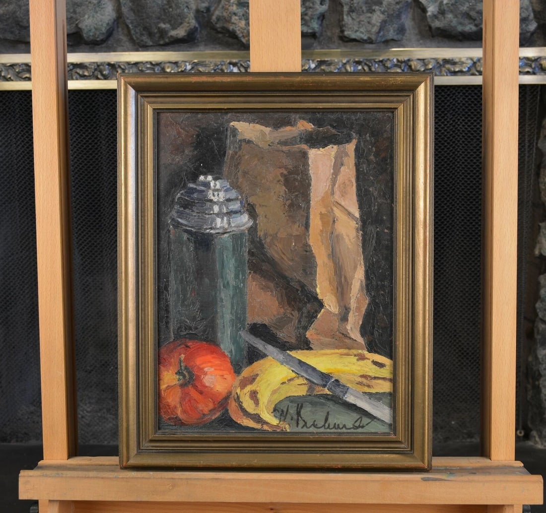 ANTIQUE PAINTING - - STILL LIFE BROWN BAG LUNCH - SIGNED: ANTIQUE PAINTING - - STILL LIFE BROWN BAG LUNCH - SIGNED Item Description: This painting looks to date to the early 1900s. It measures 14 1/2" by 11 1/2" with frame. The painting is in good condition.