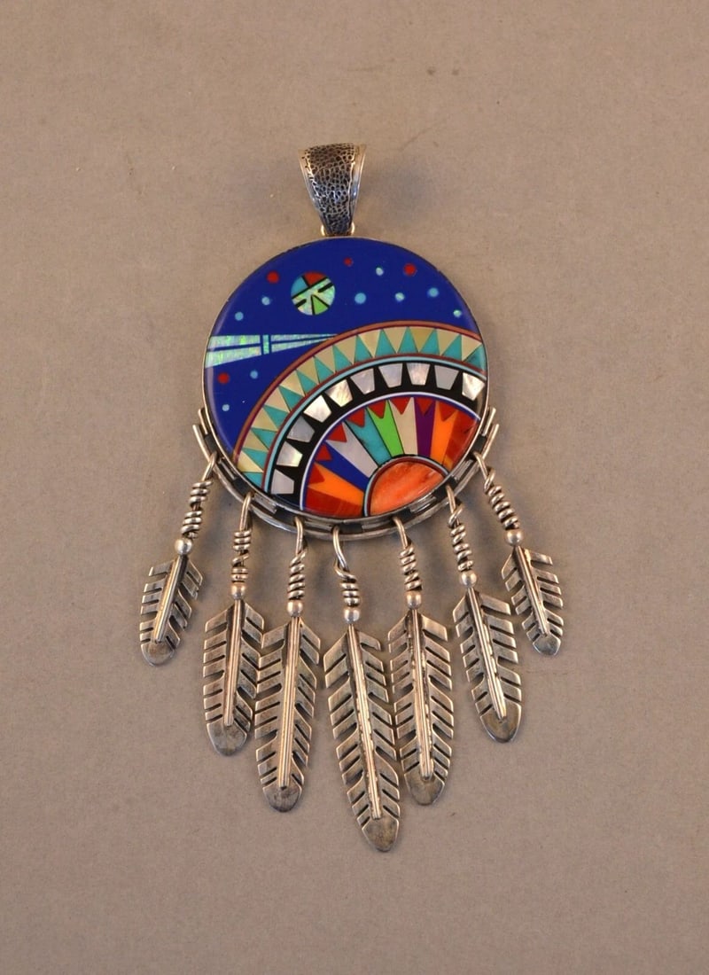 VINTAGE NAVAJO STERLING SILVER PENDANT - SUN STARS MOON - DANGLE FEATHERS - 4.5": VINTAGE NAVAJO STERLING SILVER PENDANT - SUN STARS MOON - DANGLE FEATHERS - 4.5" This extraordinary sterling silver pendant has been designed and crafted by Navajo silversmith James Mason. It has fant