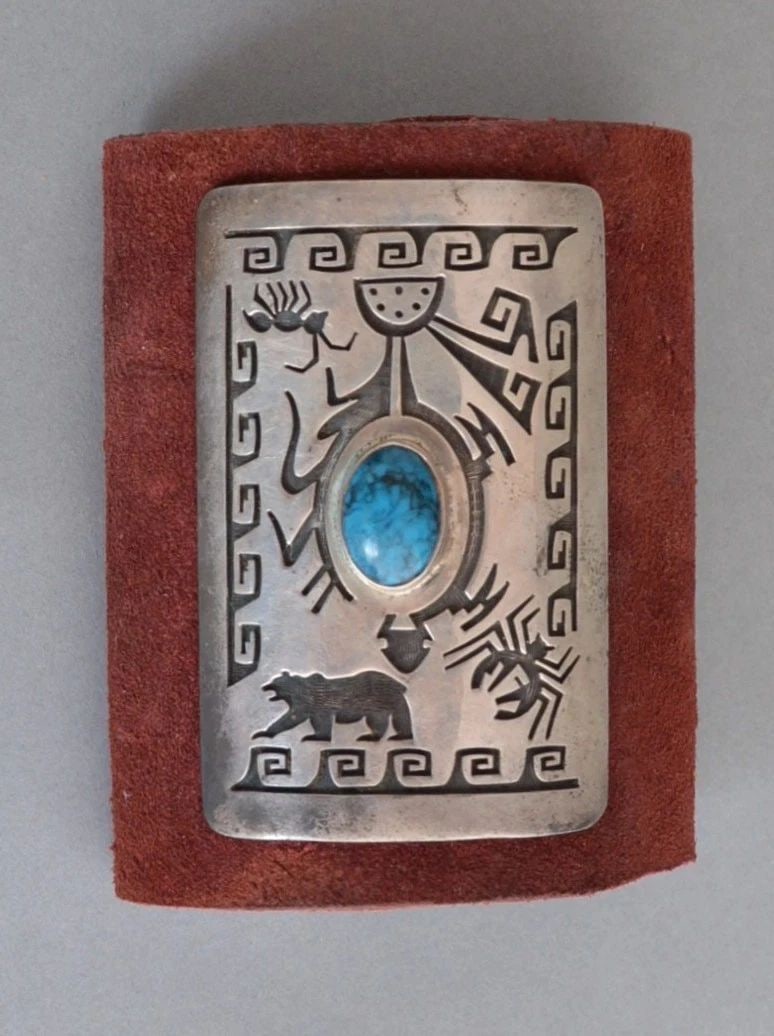 VTG HOPI SILVER BOWGUARD - TURQUOISE TURTLE BEAR CORN PAHO - WALTER POLELONEMA: VTG HOPI SILVER BOWGUARD - TURQUOISE TURTLE BEAR CORN PAHO - WALTER POLELONEMA This vintage bowguard has been beautifully crafted by Hopi artist Walter Polelonema. It measures 3 1/4" tall by 2 1/4" wi