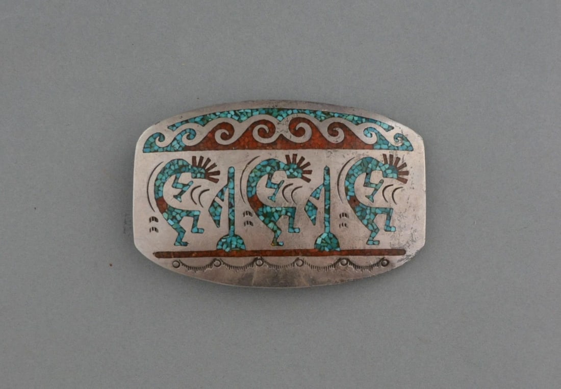 D. ALLISON - FANTASTIC NAVAJO INLAY SILVER BELT BUCKLE - ORTEGA HMIJ MARK 3.5": D. ALLISON - FANTASTIC NAVAJO INLAY SILVER BELT BUCKLE - ORTEGA HMIJ MARK 3.5" This beautifully designed and crafted belt buckle was done by Navajo silversmith D. Allison. Allison worked for the Hand 