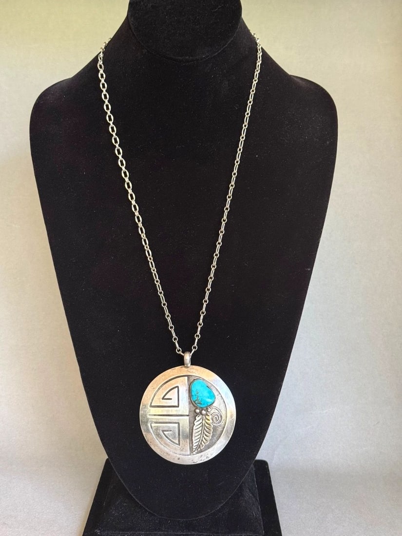 OLD PAWN HOPI STERLING SILVER AND TURQUOISE PENDANT ON STERLING CHAIN (1 of 2)
