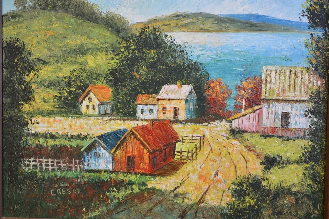 OIL PAINTING - LAKE OSWEGO OREGON - FARM FIELDS BARN - PACHITA CRESPI (1900-71): OIL PAINTING - LAKE OSWEGO OREGON - FARM FIELDS BARN - PACHITA CRESPI (1900-71) Item Description: This colorful landscape painting shows farmhouses with a barn and fields. Lake Oswego can be seen is t