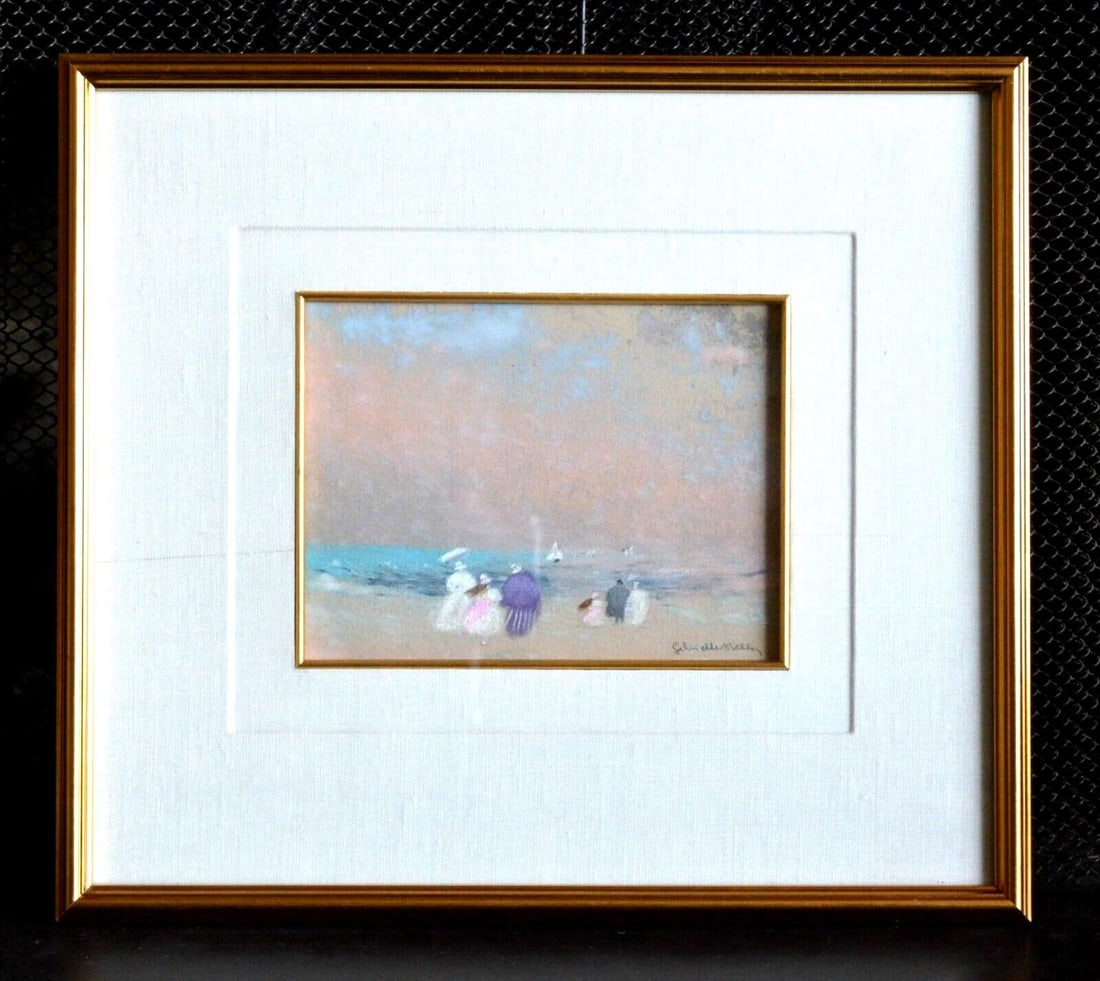 GABRIELLE BELLOCQ (1920-1999) ORIGINAL PASTEL - FAMILIES AT THE BEACH - FRANCE: GABRIELLE BELLOCQ (1920-1999) ORIGINAL PASTEL - FAMILIES AT THE BEACH - FRANCE This pastel was done by French artist Gabrielle Bellocq (1920-1999). It shows families at the beach gazing at sailboats o