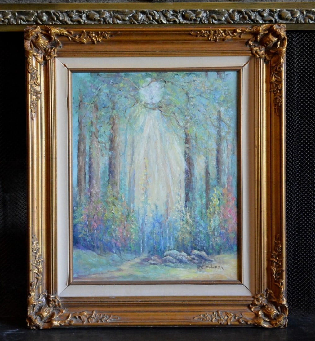 RUBY C. DOBESH 1905-2003 - ENCINITAS CALIF. ARTIST - MAGICAL SUNRISE IN FOREST (1 of 2)
