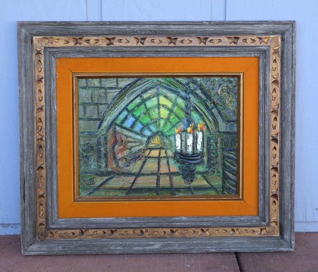 VINTAGE PAINTING - CHURCH WITH STAINED GLASS WINDOW CANDLES ALTAR - GREENS BLUES: VINTAGE PAINTING - CHURCH WITH STAINED GLASS WINDOW CANDLES ALTAR - GREENS BLUES This vintage painting places the viewer in front of the arched entryway of a church. Light is streaming through stained