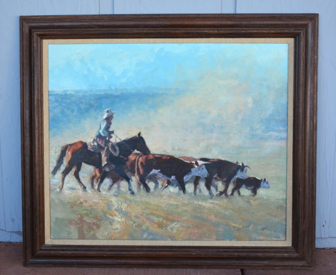 KELLY DANIEL - OIL PAINTING - COWBOY ON HORSE HERDING CATTLE , COWS- OPEN RANGE (1 of 2)