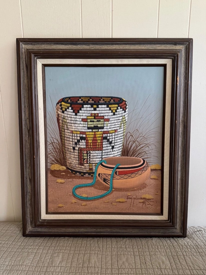 NAVAJO JIMMY YELLOWHAIR PAINTING ON CANVAS HOPI BASKET (1 of 1)