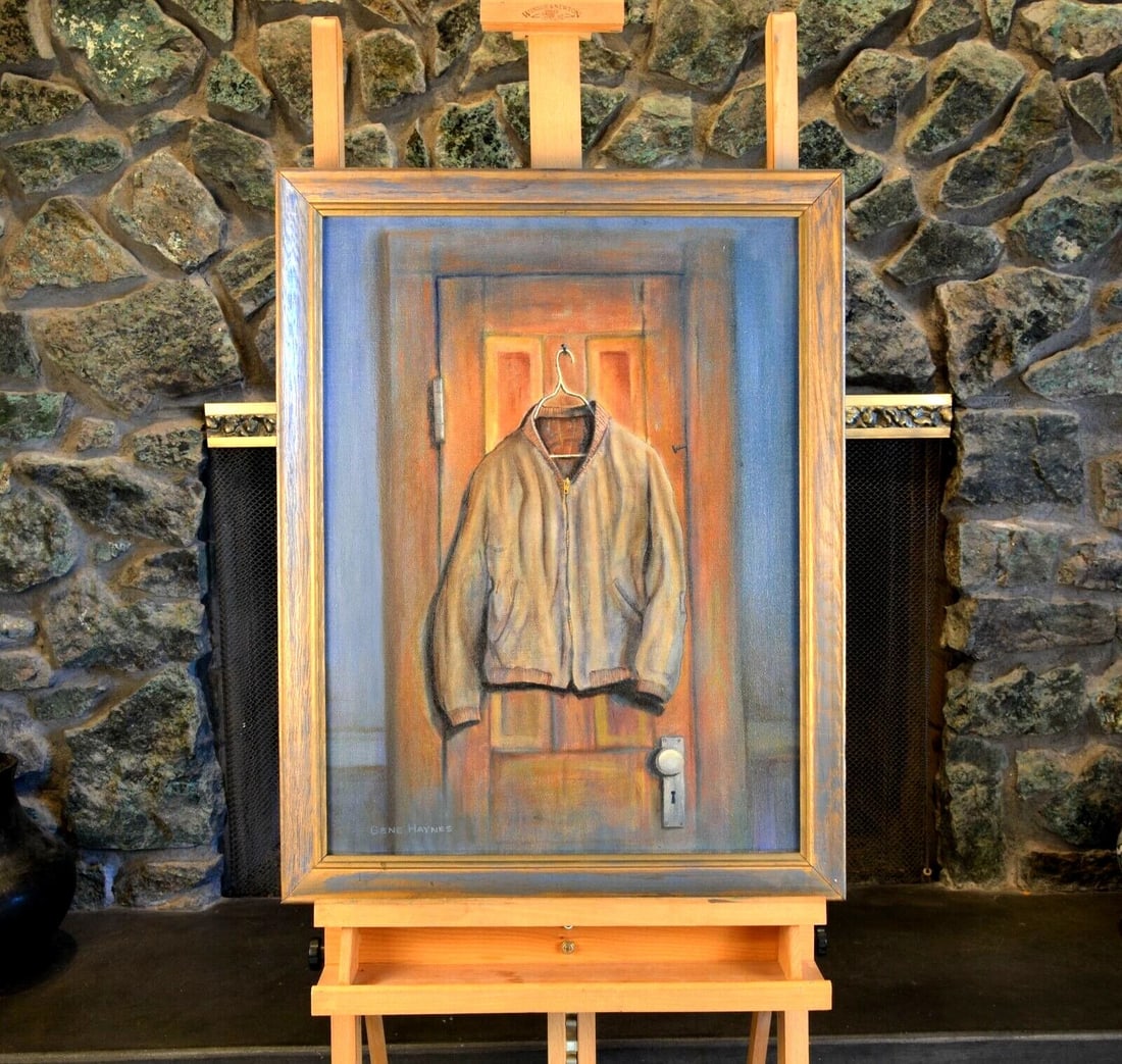 GENE HAYNES OIL PAINTING -GENE'S JACKET ON DOOR - DORYMANS HOTEL, NEWPORT CALIF (1 of 1)