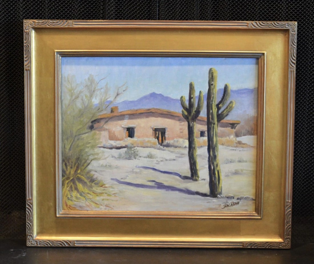 VINTAGE OLD SOUTHWEST SONORAN DESERT ADOBE RANCH SAGUARO CACTUS - OIL PAINTING (1 of 2)