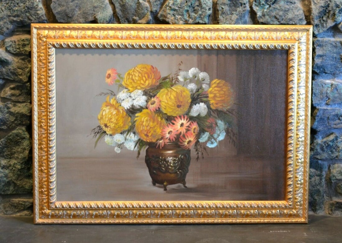 FRAMED VINTAGE OIL PAINTING - CLASSIC FLOWERS IN VASE - RICH ORANGE & GOLDS (1 of 2)