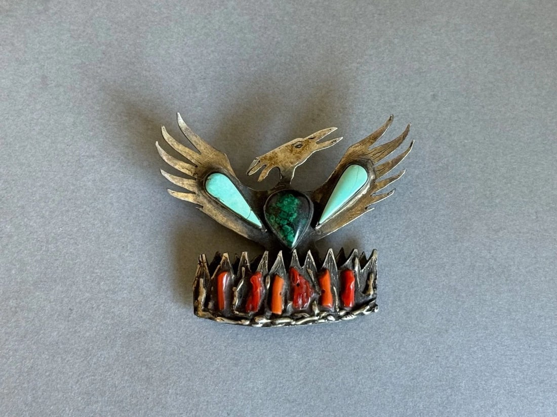 VINTAGE NAVAJO STERLING SILVER WITH TURQUOISE, CORAL AND MALACHITE PHOENIX PIN (1 of 2)