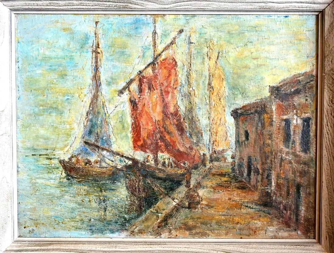 ANTIQUE IMPRESSIONIST OIL PAINTING - SHIPS DOCKED AT PORT - EARLY 1900S? (1 of 1)